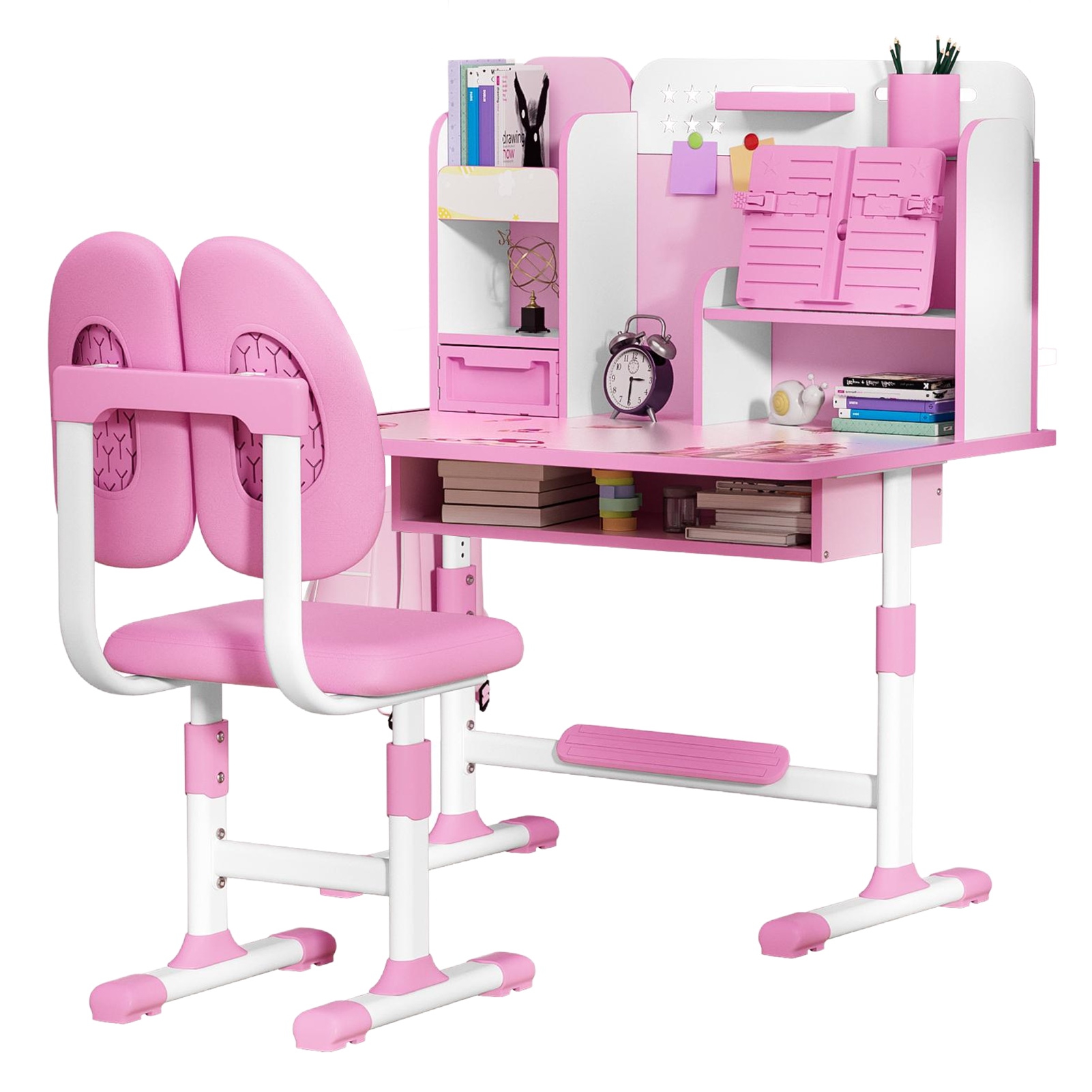 AQMD Kids Study Desk Chair Set, Height Adjustable Children School Study Table Chair Set with Sitting Corrector, Ergonomic Desk Chair with Book Stand, Bag Hook, Foot Pedal, Partition Design (Pink)